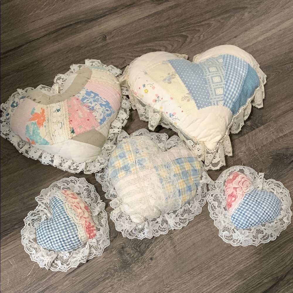 Sale-Vintage, handmade Patchwork Heart-Shaped Decorative Pillows - Set of 5